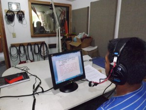 Wilson recording the voice of the narrator for the movie
